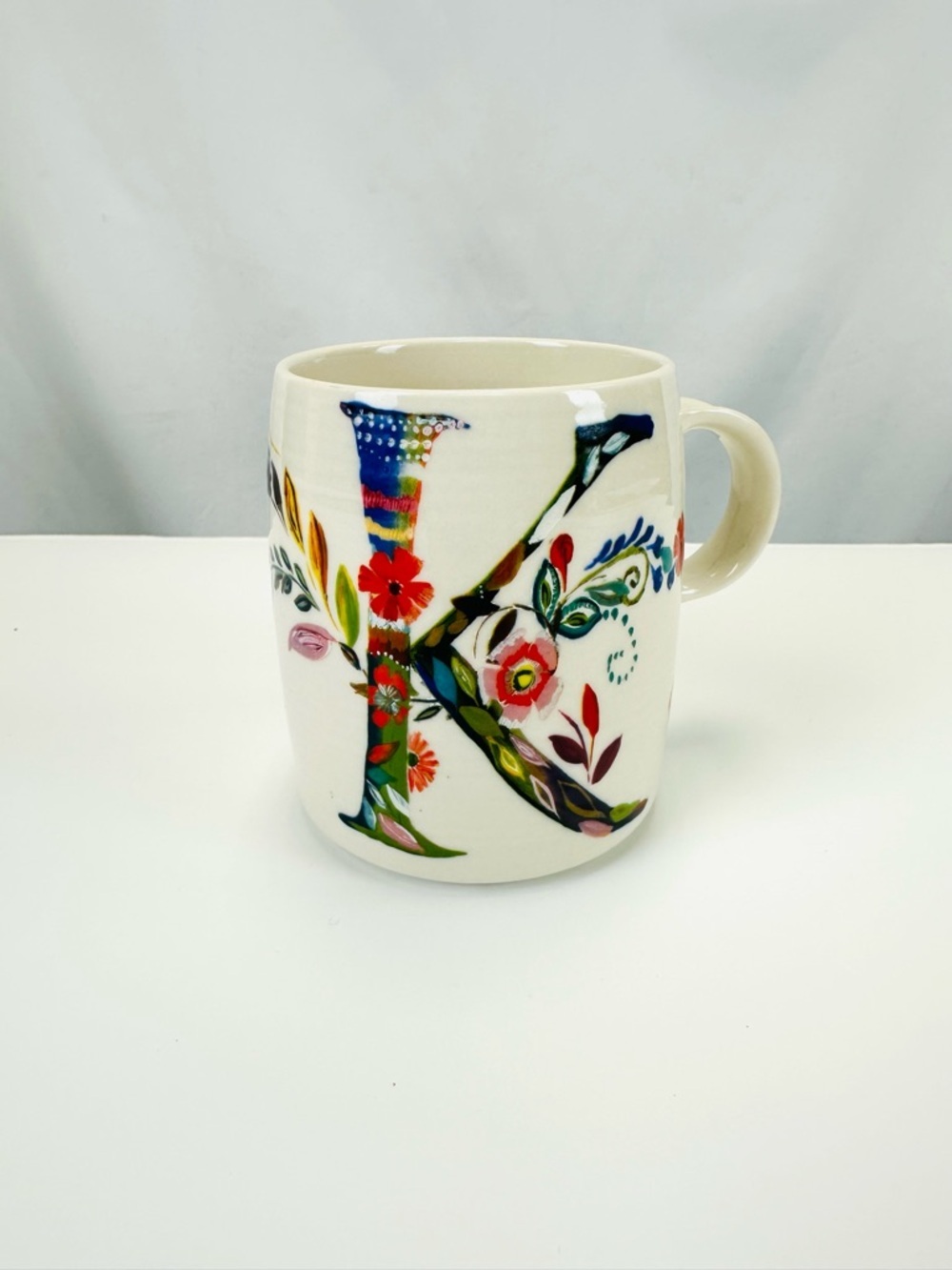 Anthropologie Starla Halfman monogram pottery coffee mug letter K floral bright